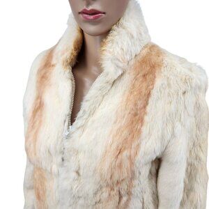 Vintage Elan Rabbit Fur Jacket Beige & Camel Striped Pattern Warm Soft Small S